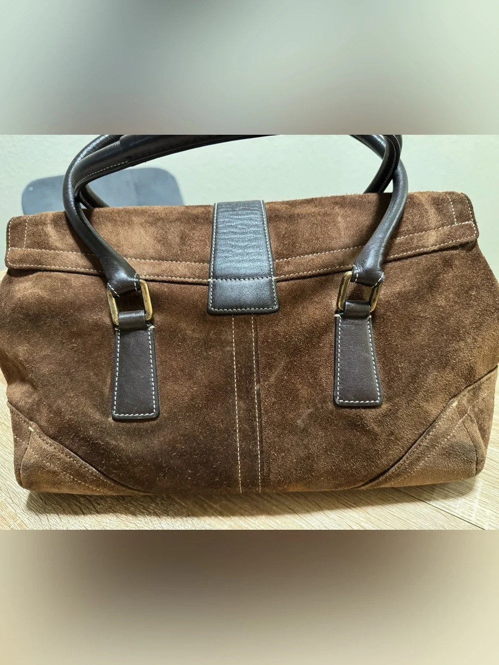 Coach Brown Suede Satchel with Dark Brown Leather Trim and Gold Hardware